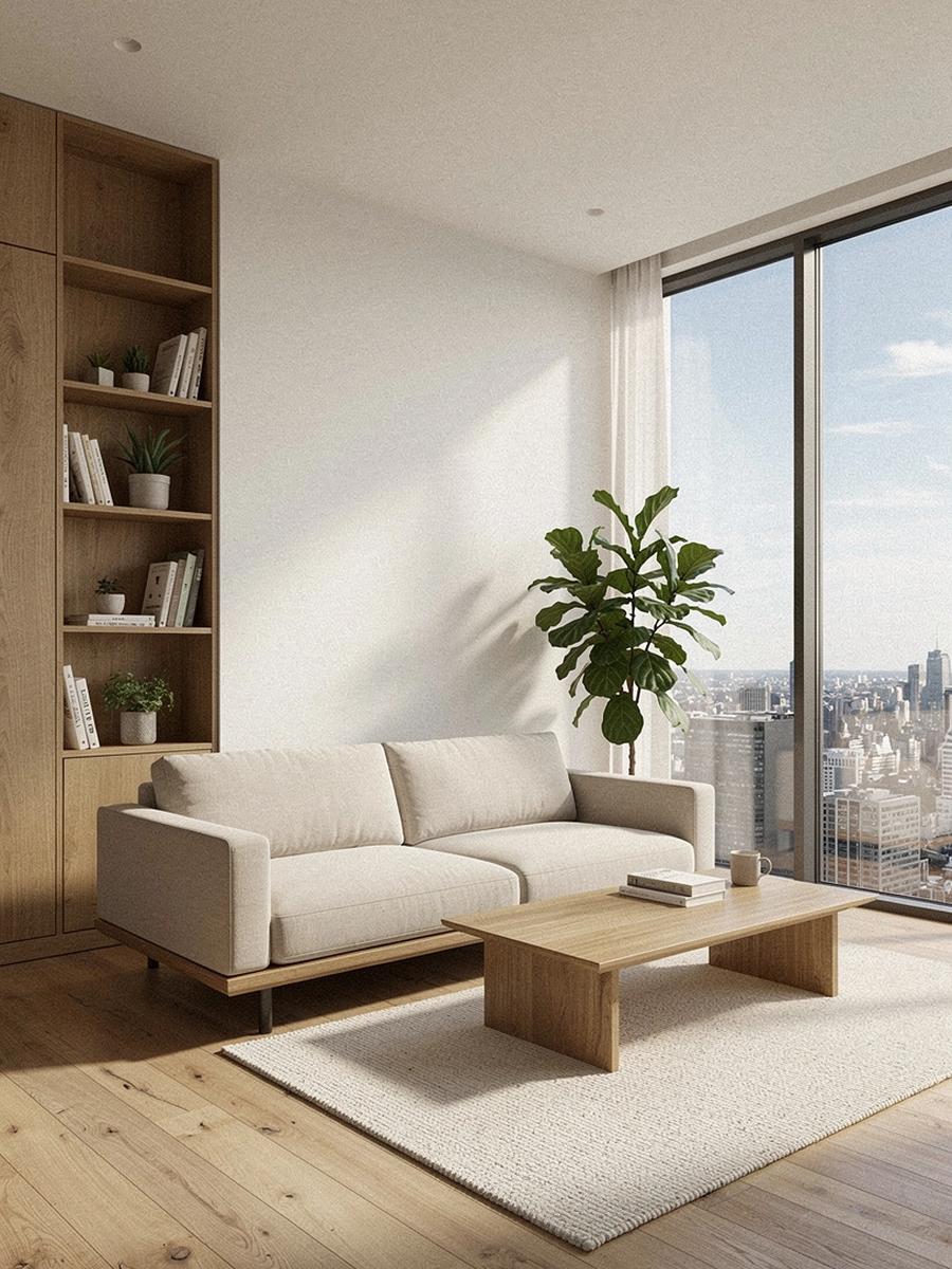 Renovation interior concept with warm neutral finishes